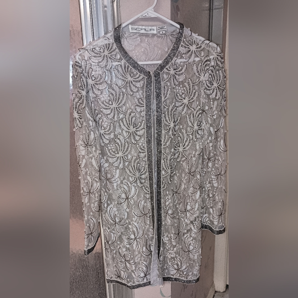 Vintage Scala long jacket Heavy beaded Lace Grey White